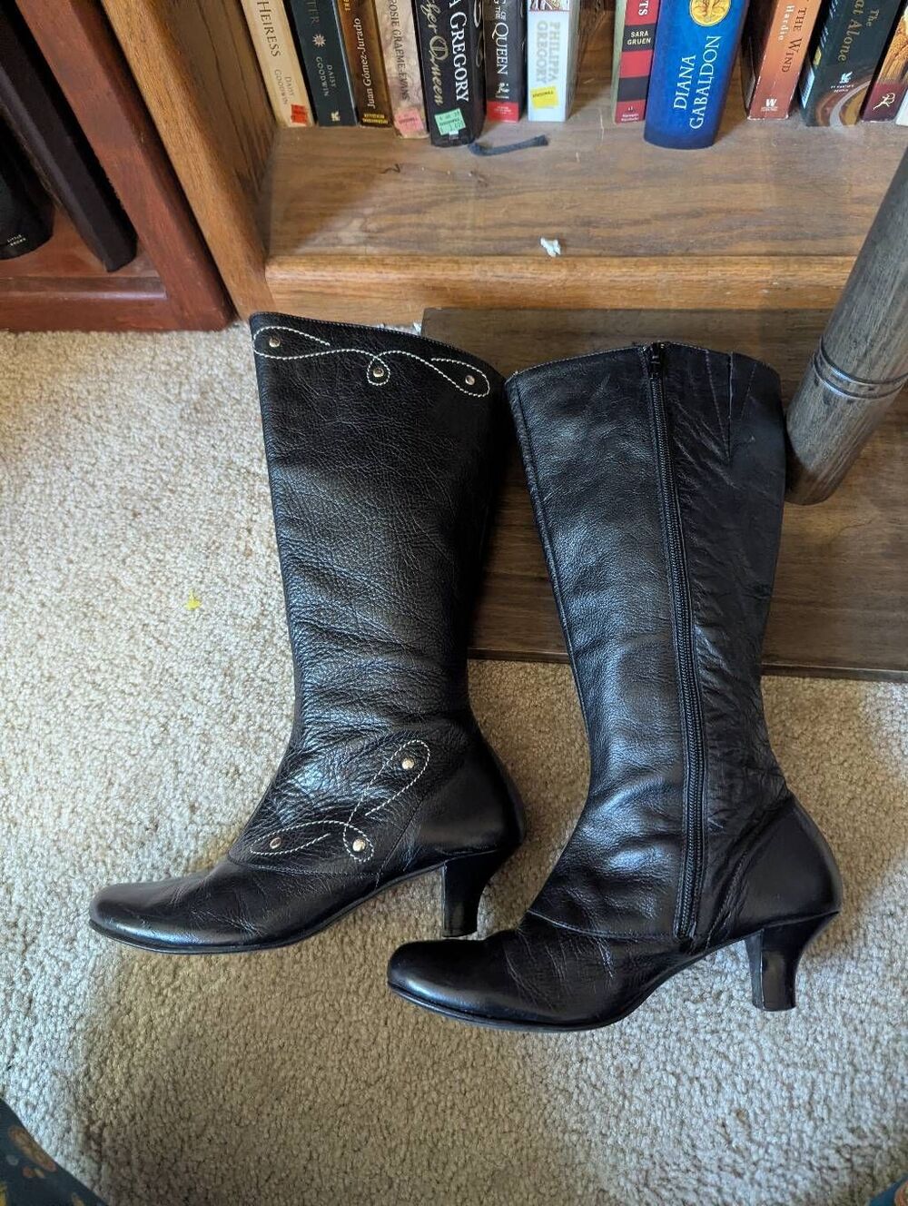 Hispana Black Leather Tall Boots Womens Size 7 Mid Heel Side Zip Western Stitch